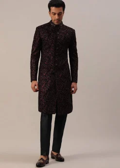 Cherry Red Embroidered Sherwani Set In Velvet