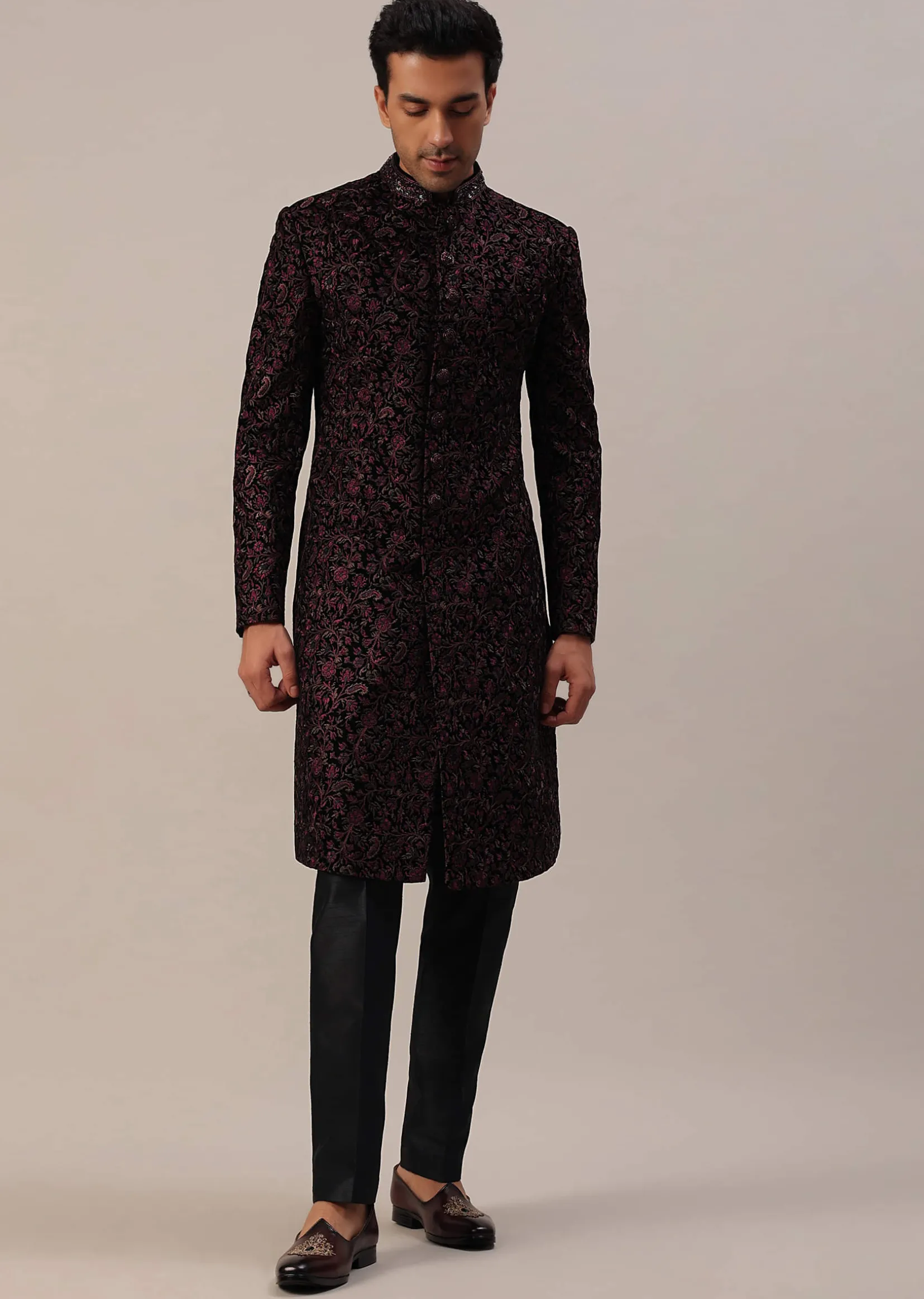 Cherry Red Embroidered Sherwani Set In Velvet