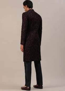Cherry Red Embroidered Sherwani Set In Velvet