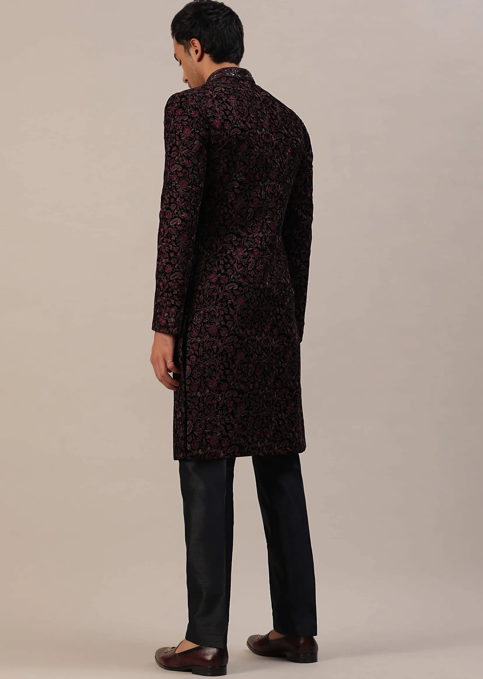 Cherry Red Embroidered Sherwani Set In Velvet