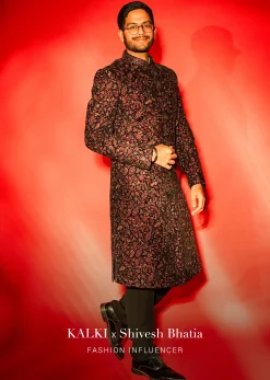 Cherry Red Embroidered Sherwani Set In Velvet