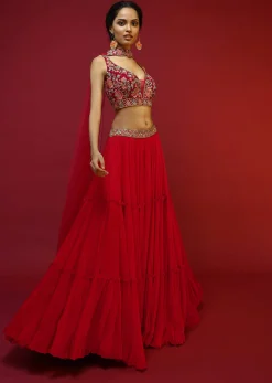 Cherry Red Gathered Lehenga Choli With Hand Embroidered Multi Colored Resham And Sequins Work In Floral Jaal Design