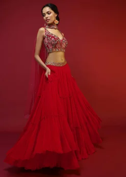 Cherry Red Gathered Lehenga Choli With Hand Embroidered Multi Colored Resham And Sequins Work In Floral Jaal Design
