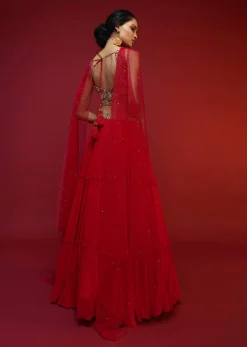 Cherry Red Gathered Lehenga Choli With Hand Embroidered Multi Colored Resham And Sequins Work In Floral Jaal Design