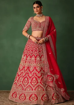 Cherry Red Hand Embroidered Raw Silk Lehenga Set With Net Dupatta