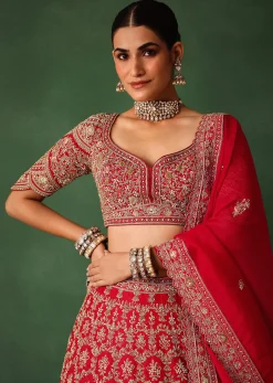 Cherry Red Hand Embroidered Raw Silk Lehenga Set With Net Dupatta