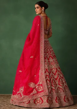 Cherry Red Hand Embroidered Raw Silk Lehenga Set With Net Dupatta