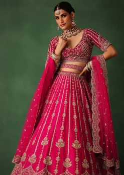 Cherry Red Hand Embroidered Raw Silk Lehenga Set With Dupatta