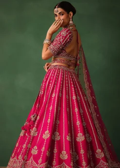 Cherry Red Hand Embroidered Raw Silk Lehenga Set With Dupatta