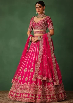 Cherry Red Hand Embroidered Raw Silk Lehenga Set With Dupatta