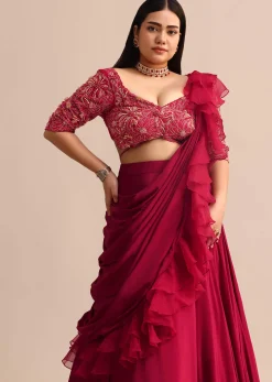 Cherry Red Lehenga With Ruffle Drape