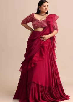 Cherry Red Lehenga With Ruffle Drape