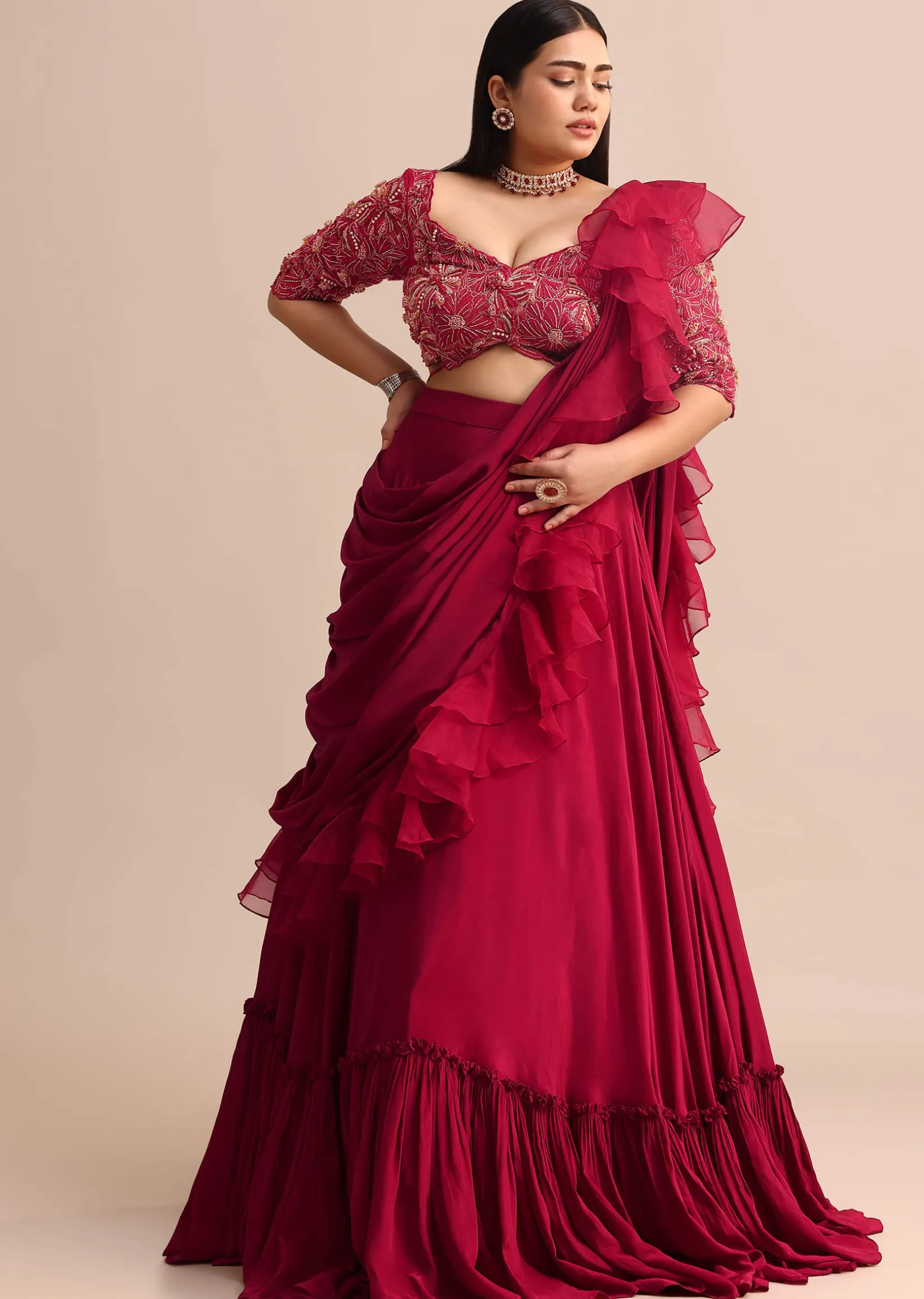 Cherry Red Lehenga With Ruffle Drape