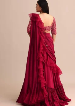 Cherry Red Lehenga With Ruffle Drape