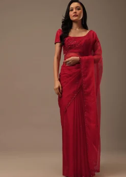 Cherry Red Organza Saree With Cut Dana And Sequins Work