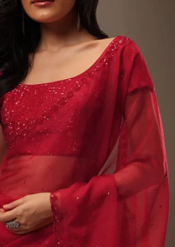 Cherry Red Organza Saree With Cut Dana And Sequins Work