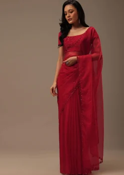 Cherry Red Organza Saree With Cut Dana And Sequins Work