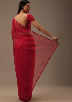 Cherry Red Organza Saree With Cut Dana And Sequins Work