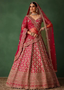Cherry Red Raw Silk Hand Embroidered Lehenga Set With Net Dupatta
