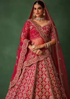 Cherry Red Raw Silk Hand Embroidered Lehenga Set With Net Dupatta