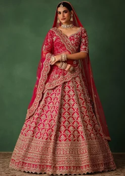 Cherry Red Raw Silk Hand Embroidered Lehenga Set With Net Dupatta