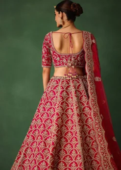 Cherry Red Raw Silk Hand Embroidered Lehenga Set With Net Dupatta