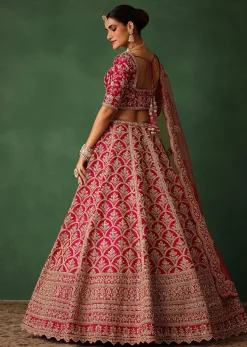 Cherry Red Raw Silk Hand Embroidered Lehenga Set With Net Dupatta