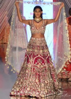 Cherry Red Royal Heritage Lehenga And A Choli Set In 3D Petal Motifs Embroidery, Organza Multi Color Dupatta In Zari Work Embroidery Buttis