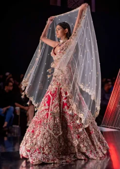 Cherry Red Royal Heritage Lehenga And A Choli Set In 3D Petal Motifs Embroidery, Organza Multi Color Dupatta In Zari Work Embroidery Buttis