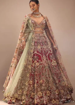 Cherry Red Royal Heritage Lehenga And A Choli Set In 3D Petal Motifs Embroidery, Organza Multi Color Dupatta In Zari Work Embroidery Buttis