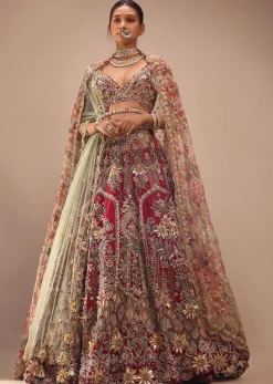 Cherry Red Royal Heritage Lehenga And A Choli Set In 3D Petal Motifs Embroidery, Organza Multi Color Dupatta In Zari Work Embroidery Buttis