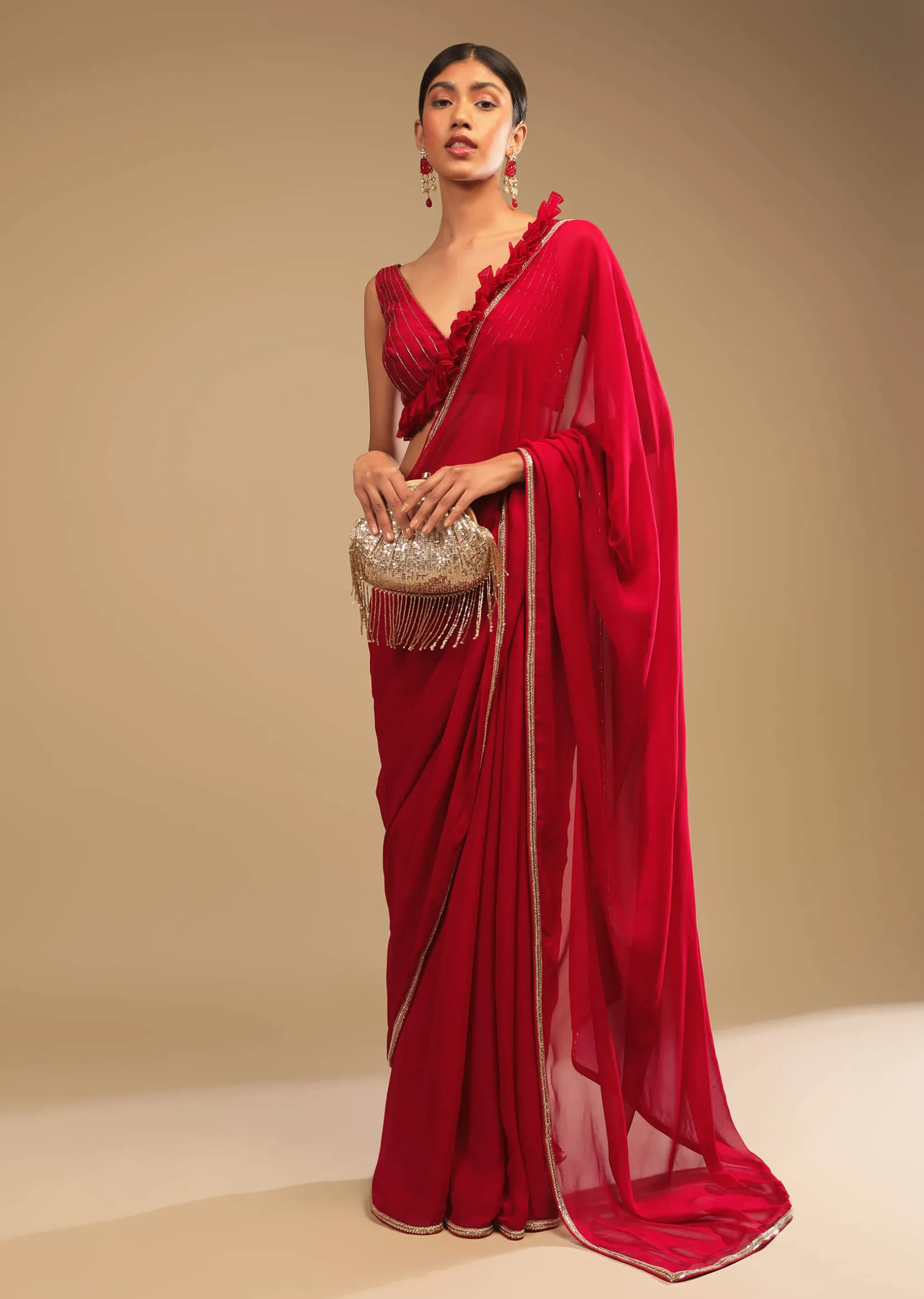 Cherry Red Saree In Georgette With Sequins And Cut Dana Embellished Border And A Ruffle Frill Adorned Crop Top