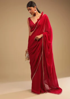 Cherry Red Saree In Georgette With Sequins And Cut Dana Embellished Border And A Ruffle Frill Adorned Crop Top
