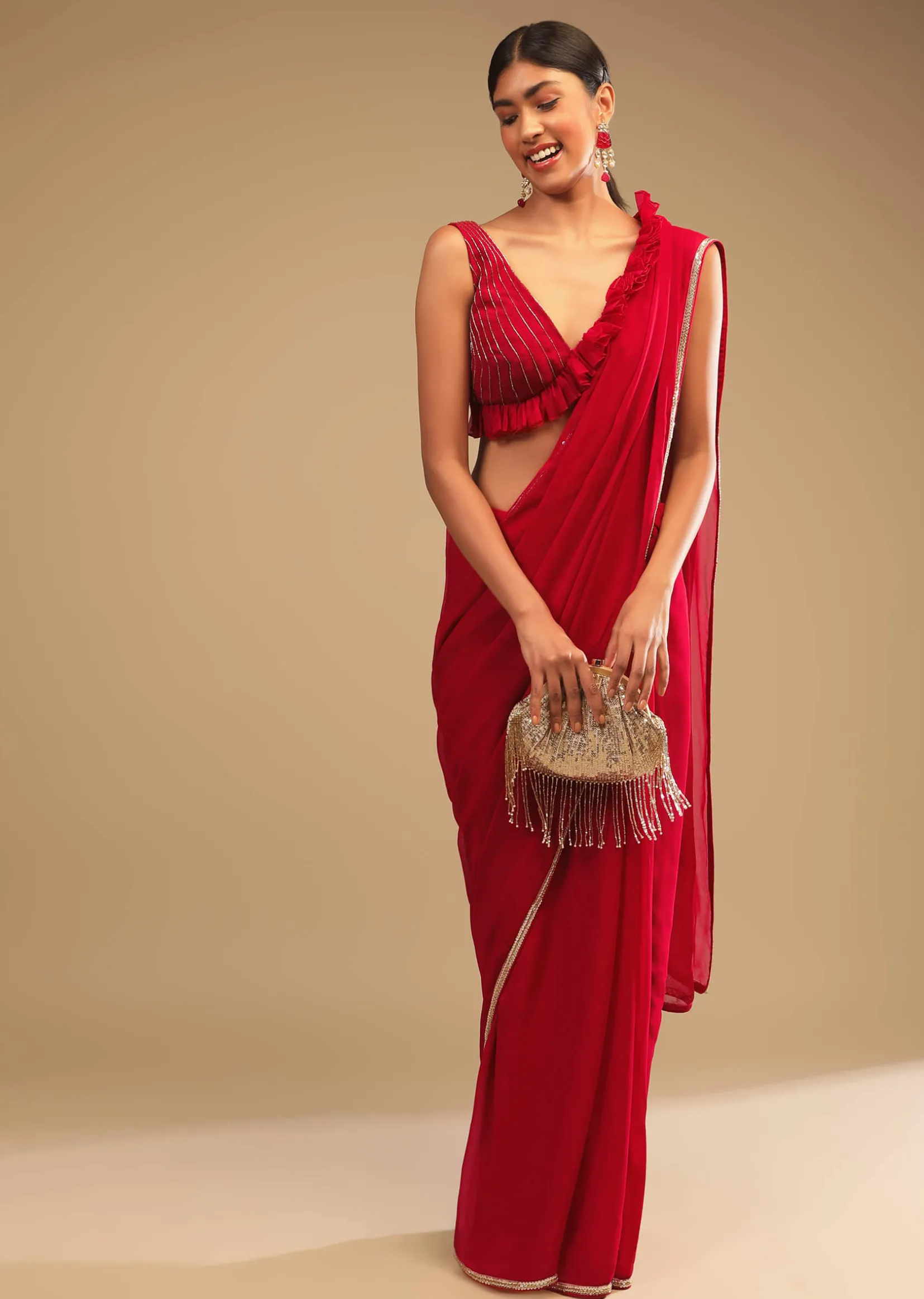 Cherry Red Saree In Georgette With Sequins And Cut Dana Embellished Border And A Ruffle Frill Adorned Crop Top