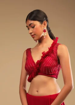 Cherry Red Saree In Georgette With Sequins And Cut Dana Embellished Border And A Ruffle Frill Adorned Crop Top