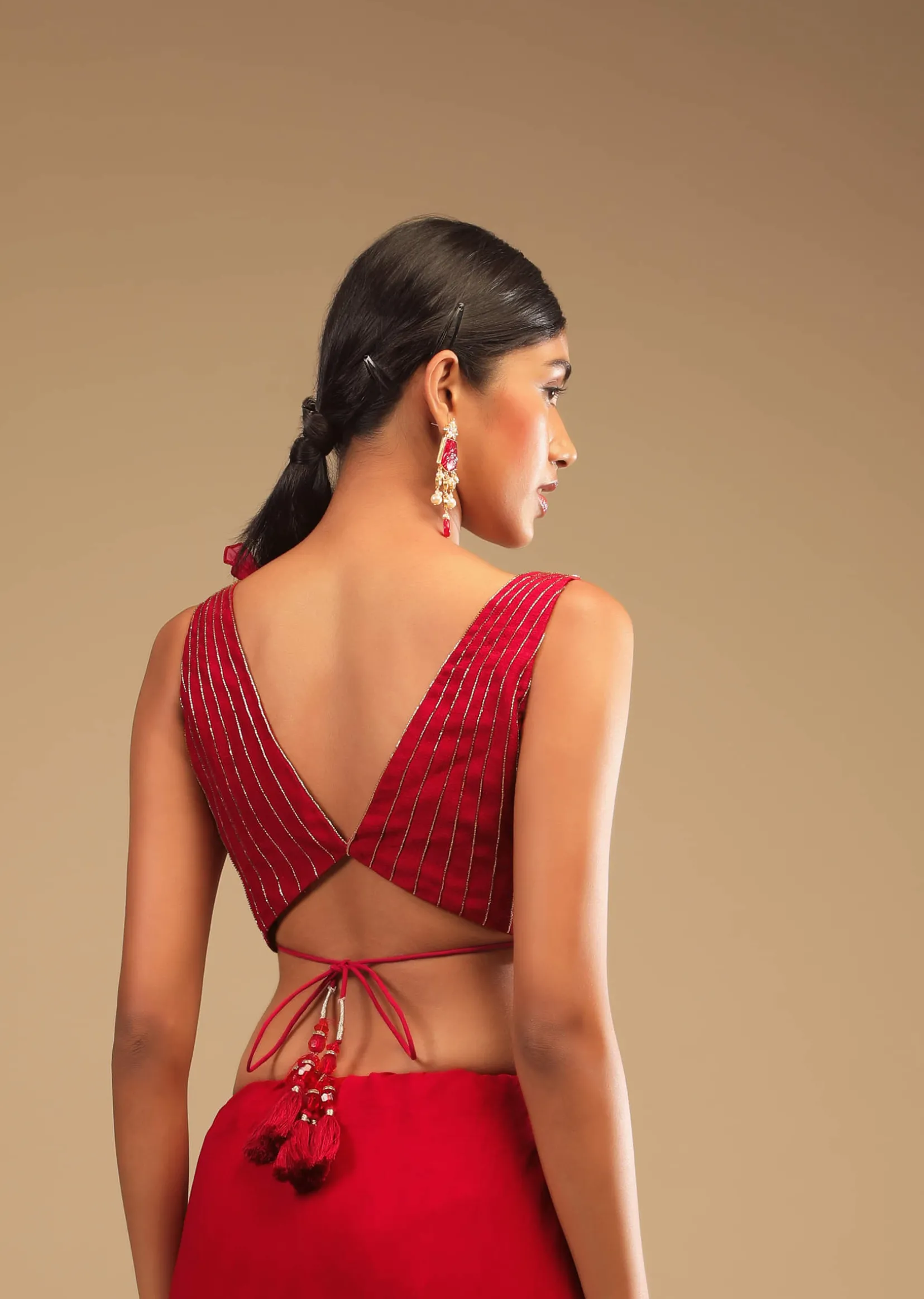 Cherry Red Saree In Georgette With Sequins And Cut Dana Embellished Border And A Ruffle Frill Adorned Crop Top