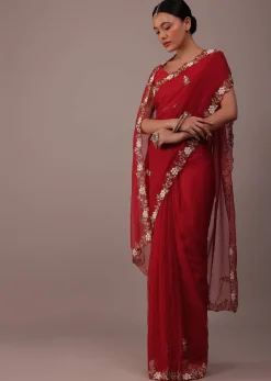 Cherry Red Saree In Organza With Cut Dana And Moti Embroidery