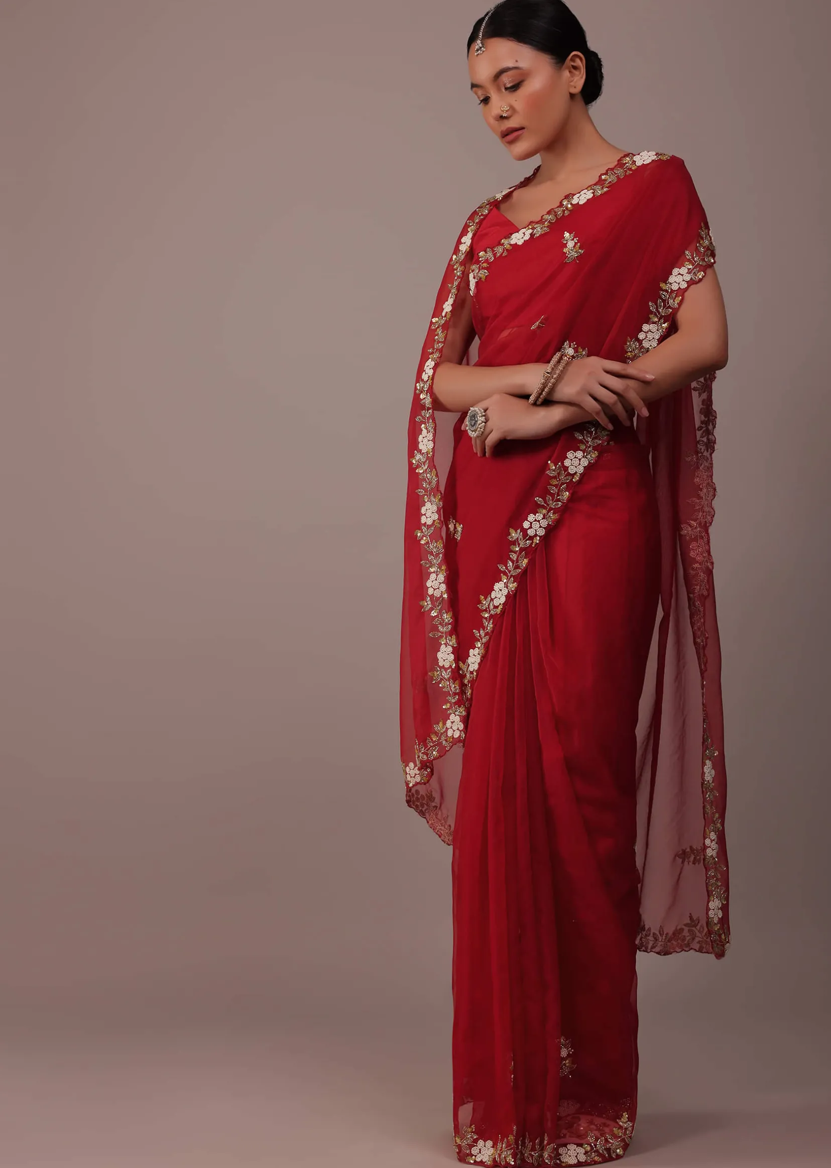 Cherry Red Saree In Organza With Cut Dana And Moti Embroidery