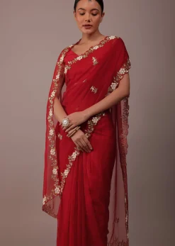 Cherry Red Saree In Organza With Cut Dana And Moti Embroidery