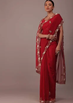 Cherry Red Saree In Organza With Cut Dana And Moti Embroidery