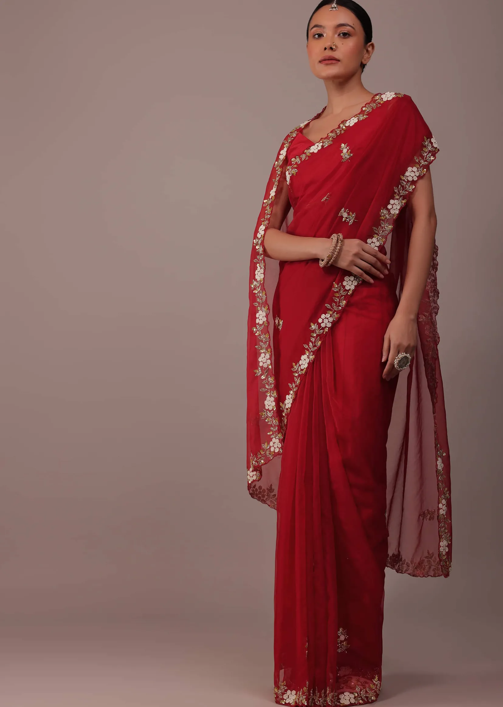 Cherry Red Saree In Organza With Cut Dana And Moti Embroidery