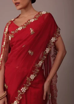 Cherry Red Saree In Organza With Cut Dana And Moti Embroidery