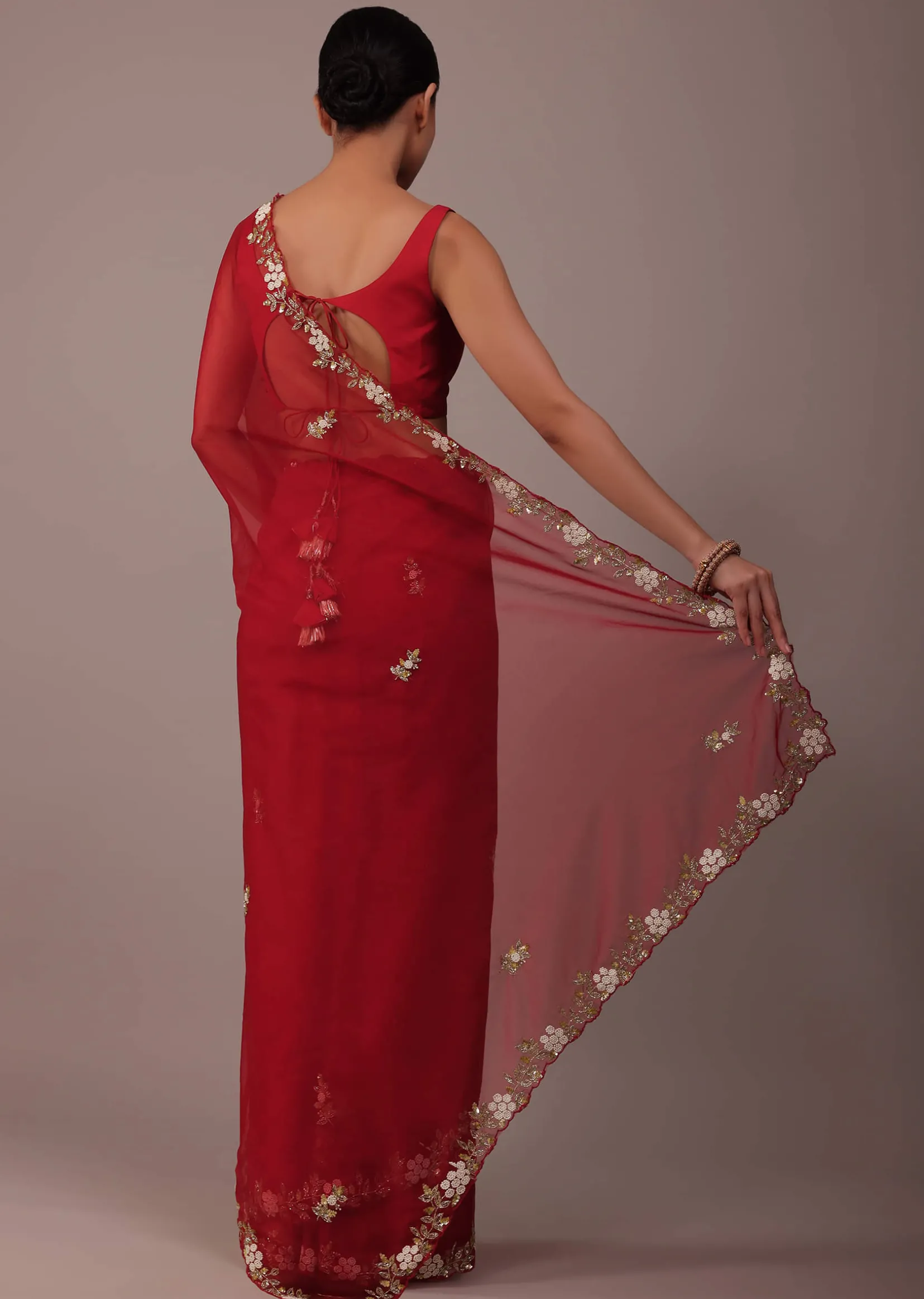 Cherry Red Saree In Organza With Cut Dana And Moti Embroidery