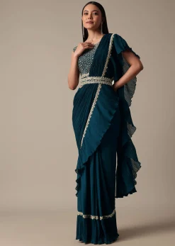 Chic Blue Readymade Saree With Ready Made Blouse