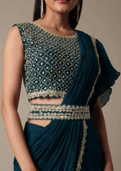 Chic Blue Readymade Saree With Ready Made Blouse