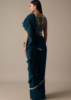 Chic Blue Readymade Saree With Ready Made Blouse