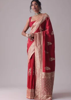 Chilli Pepper Red Embroidered Saree In Dola Silk