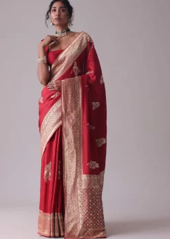 Chilli Pepper Red Embroidered Saree In Dola Silk