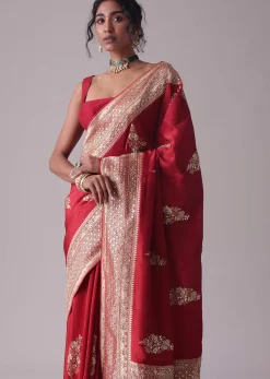 Chilli Pepper Red Embroidered Saree In Dola Silk