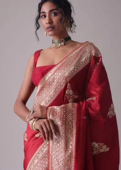 Chilli Pepper Red Embroidered Saree In Dola Silk